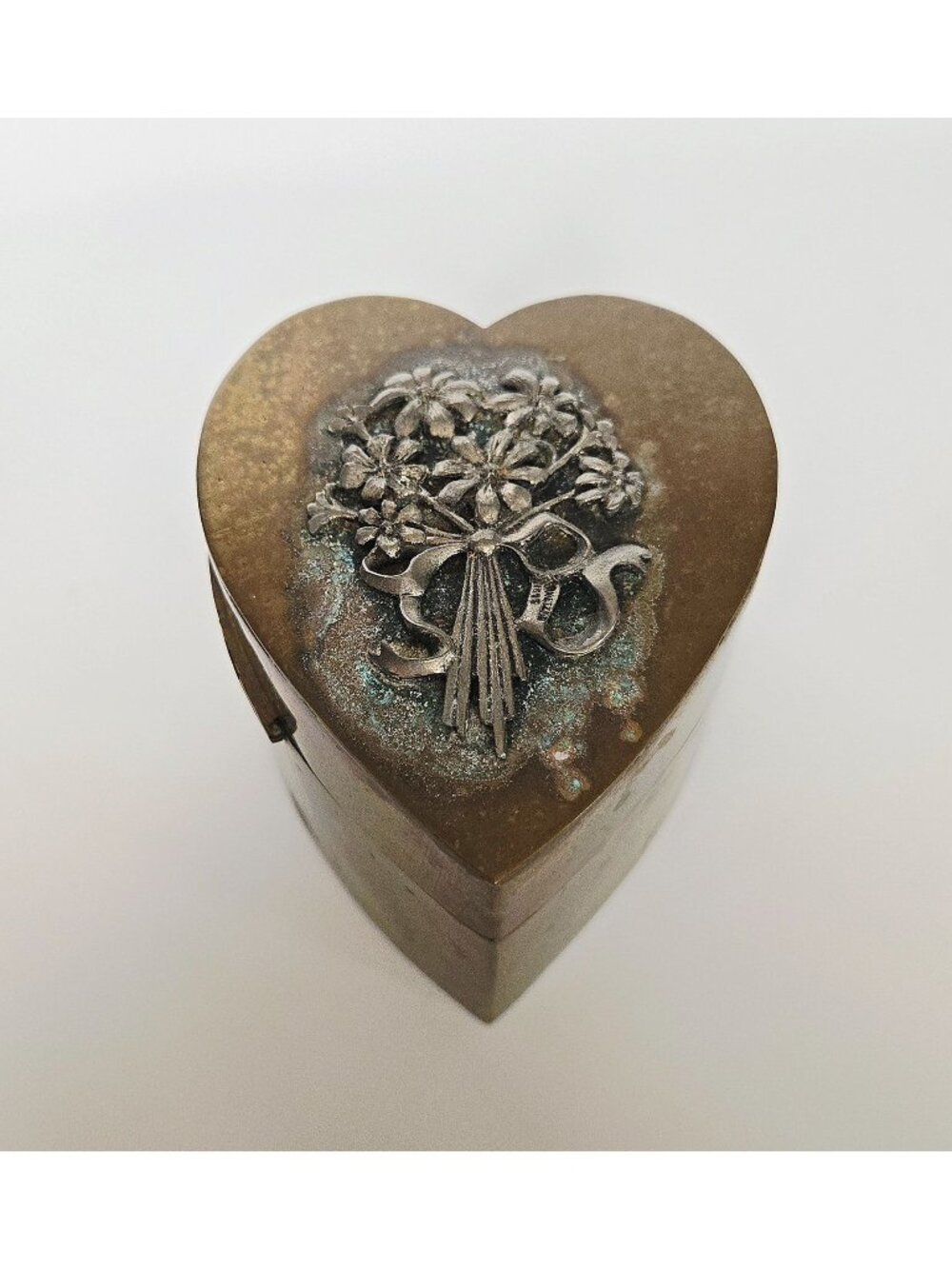 Vintage L Metzke Brand Brass Heart Box With Floral Bouquet Applique Trinket
